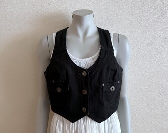 Women's Vest Black Cotton Vest Black Denim Womens Waistcoat Formal Fitted Cropped Jean Vest