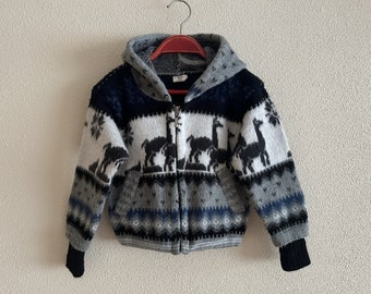 Andes Artesania Ecuador Cárdigan para niños Chaqueta para niños azul marino Cárdigan para niños Chaqueta de punto con capucha Estampada Talla 2-3 años