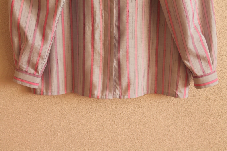 Vintage Blouse Women Blouse Striped Women Blouse Long Sleeve Top Button Up Shirt Gray Pink Striped Sweetheart Secretary