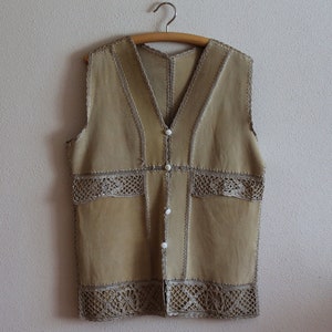 Women&#39;s Vest Sand Beige Suede Women  Vest  Genuine Leather Patchwork Waistcoat  Crochet Trim Button up Boho Hippie