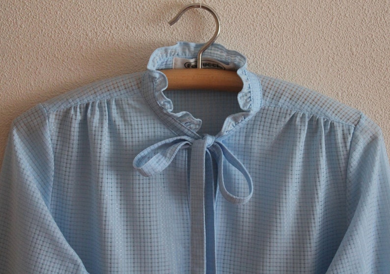 Vintage Blouse Blue Women Blouse Women/'s Shirt Long Sleeve Shirt Office Secretary Top Tie Neck Pussy Bow Blouse Back to School