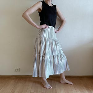 Ruffled Midi Skirt White Beige Striped Ruffled Summer Skirt Gathered Twirl Skirt Gold Metallic Shine