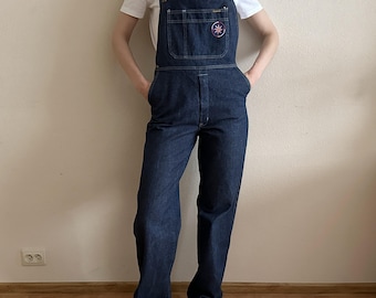 Salopette en jean Bonet vintage fabriquée en Finlande des années 90, salopette délavée foncée, vêtements de travail scandinaves à jambe large, salopette en jean unisexe