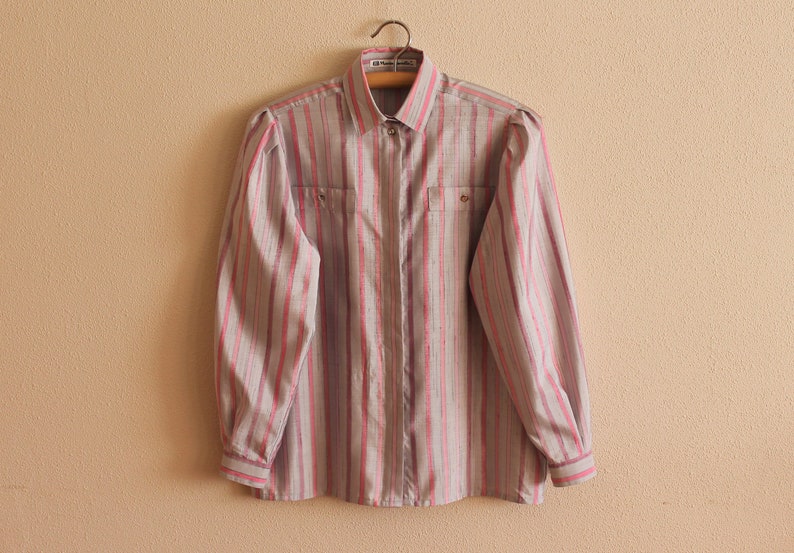 Vintage Blouse Women Blouse Striped Women Blouse Long Sleeve Top Button Up Shirt Gray Pink Striped Sweetheart Secretary