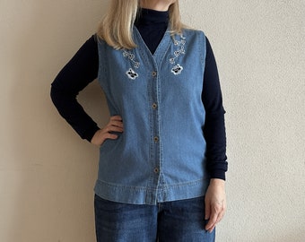 Denim Vest Blue Denim Vest Women Vest Women Denim Vest Jean Waistcoat Floral Embroidered Boho Hippie