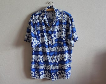 Men's Shirt Vintage Shirt Men Shirt Flower Print Surf Shirt Short Sleeves Button Up Bohemian Hippie Boho Blue White Shirt Extra Large