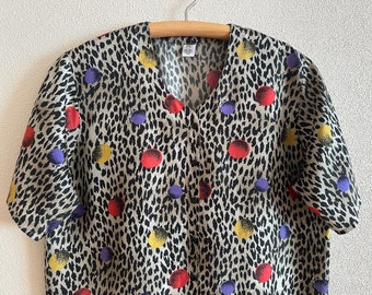 Vintage sidenblus Dam sidenblus sidentopp färgglad kortärmad abstrakt tryck sidenskjorta med knappar Plusstorlek extra stor