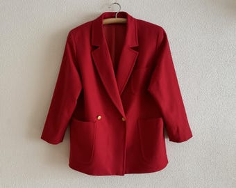Vintage BURBERRYS Blazer Burberry's Women's Jacket Red Wool Women Blazer Long Sleeve Golden Buttons Extra Large Size
