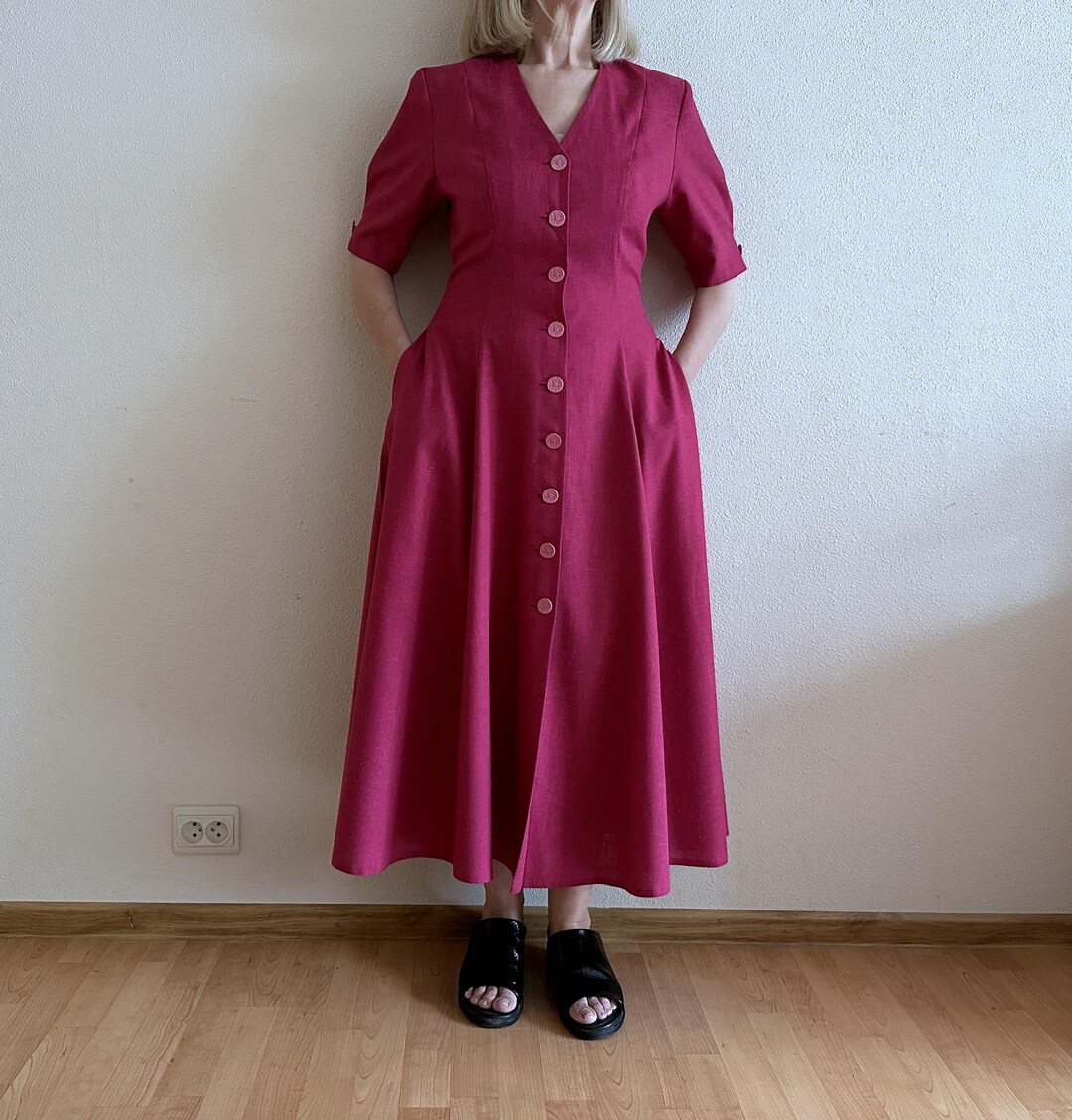 vintage button down dress Women's Polka Dot Midi Short Sleeve V-Neck Casual Summer Dress with Adjustable Waist Tie,Red L Handmade linen cotton shirt dress with short sleeves and pleated skirt Vintage Chore Dress | 1940s