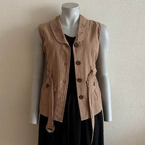 Women&#39;s Vest Brown Vest Brown Cotton Womens Waistcoat Fitted Belted Vest Sleeveless Jacket