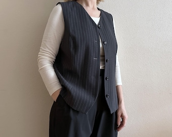 Vintage Black Pinstripe Vest Women Tailored Sleeveless Waistcoat Classic Office Chic Vest Lined Formal Vest