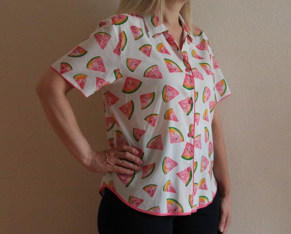 Pajama Top Vintage Blouse Watermelon Print Top Tr… - image 2