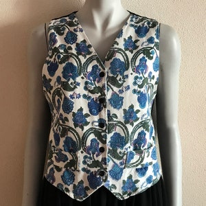 Floral Vest White Blue Flower Womens Vest Patterned Vest Fitted Vest Waistcoat Steampunk Romantic Baroque Medium Size