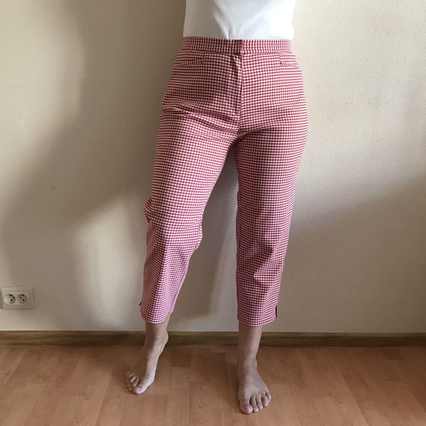 Gingham Pants Red White Gingham Capri Pants Gingham Pattern Womens Trousers High Waisted Check Pants Large Size