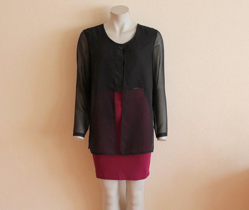 Black Blouse Women Blouse Sheer Black Chiffon Women/'s Blouse Long Sleeve Shirts Silky Romantic Top Button up