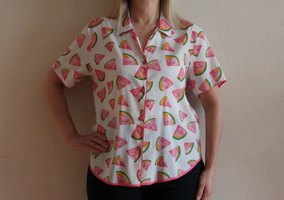 Pajama Top Vintage Blouse Watermelon Print Top Tr… - image 1