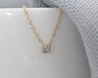 14k solid gold diamond lariat necklace princess cut diamond Y | Etsy
