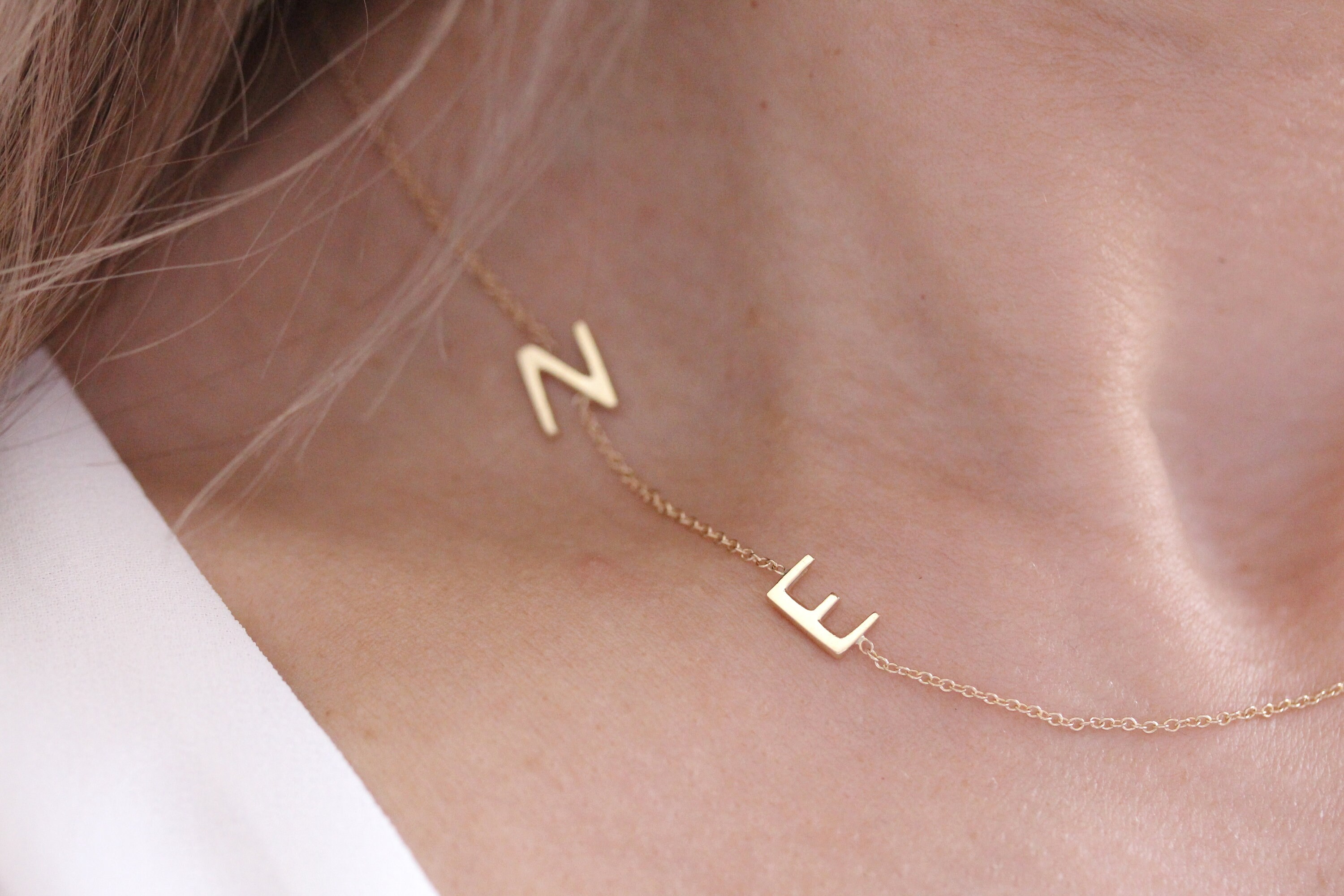 14k solid gold double initial necklace two initial necklace Etsy