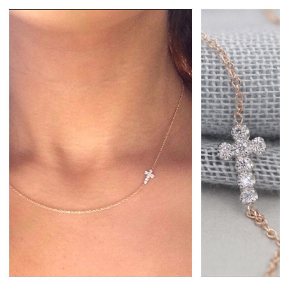 Solid 14k gold diamond cross necklace sideways cross ...