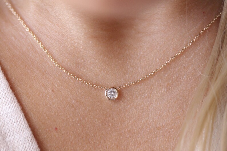 Solid 14k Gold Diamond Necklace Solitaire Necklace Classic Etsy
