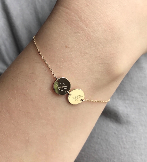 14k solid gold double initial bracelet double disc bracelet Etsy