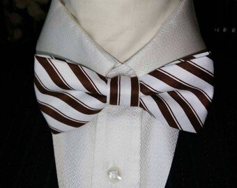 White  Brown  Stripe, Bow tie, Mens Bowties,Cotton Print Bowtie,Cool Bow Tie,Wedding,Grooms,Prom Bow Ties.