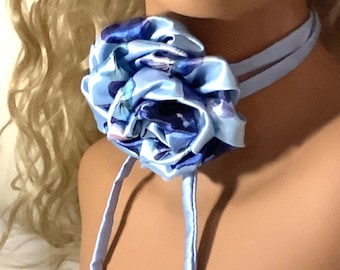 Blue Floral Satin Choker: Romantic Flower Tie Necklace