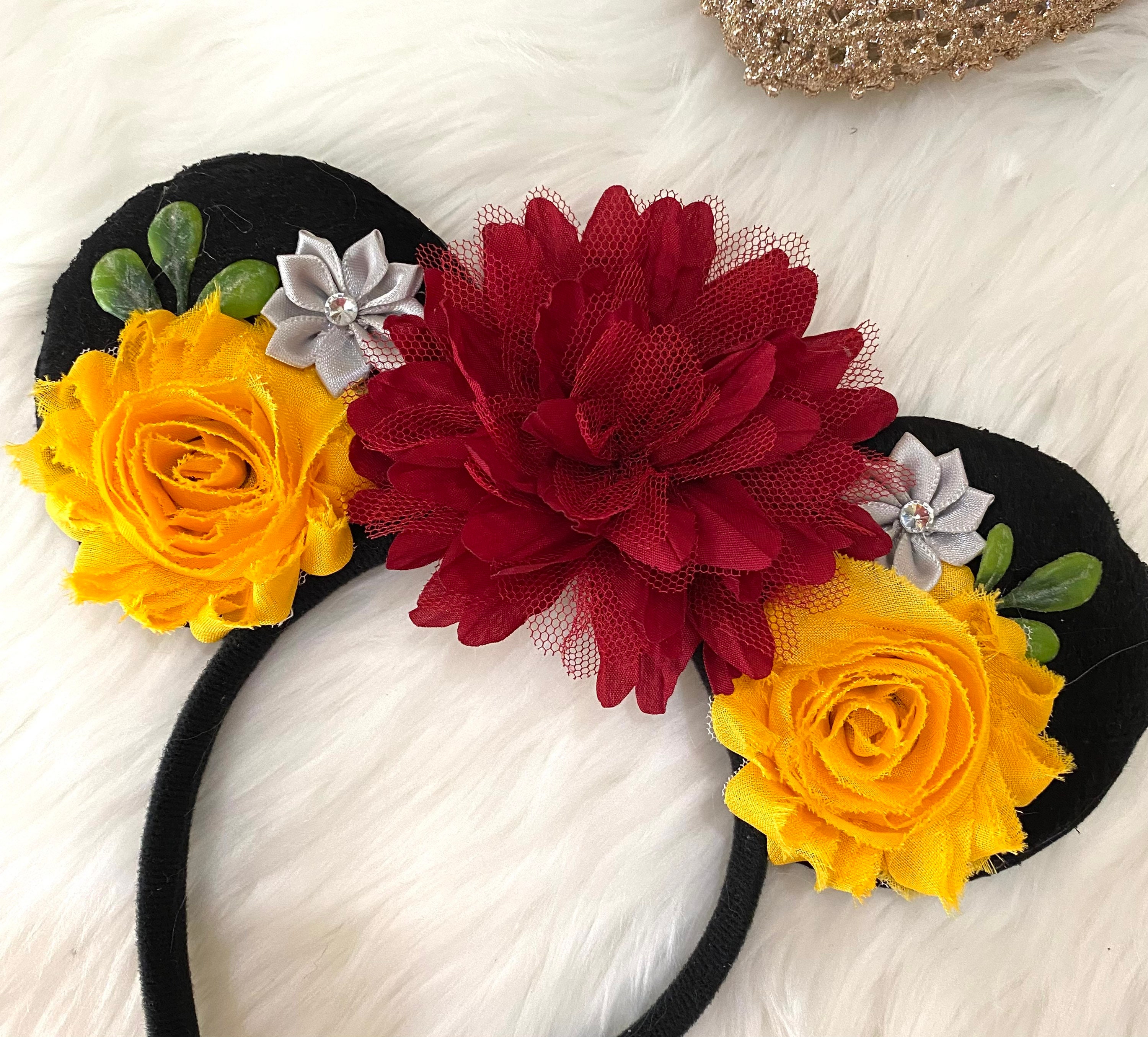 Disney floral crown headband gold autumn fall Minnie mouse ears Bride Rapunzel Crown Veil Floral Minnie Ear Bridal Ears  main image 2