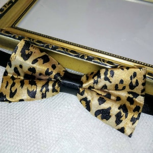 May include: A black and gold bow tie with a leopard print pattern.