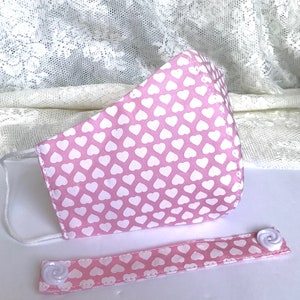 Pink Heart Mask,Designer Face Mask,Protection,Reusable Mask USA,Fabric Mask,Pearl Lanyard