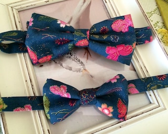 Father and Son Navy Butterfly Bowtie Set: Blue Floral Wedding Ties