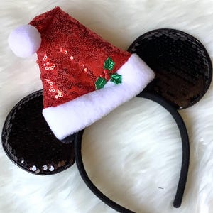 Santa Hat Headband with Sequin Ears, Red Sequin Minnie Ears, Sequin Minnie Ears ,Minnie Ears, Holiday Ears, Minnie Christmas headband