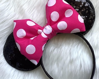 Polka Dot Minnie Ears: Hot Pink Cotton Puffy Bow Headband