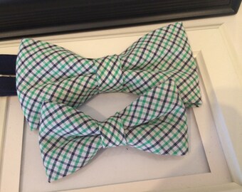 Navy Green Bowties, Father and Son Bowties, Plaid  Bowties,Adjustable Bow Ties,Formal Bow Ties,Cotton Bow Tie,Wedding for Bowtie