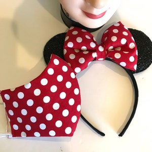 Minnie Red Set, Dot&#39;s Face Mask, Birthday Ears, Minnie Ears and Mask, Minnie Mouse Set, Custom Minnie, Dot&#39;s Face Mask, Holiday Minnie