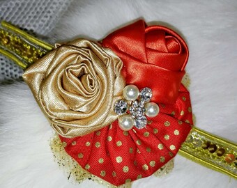 Red and Gold Bow Headband: Couture Holiday Hair Accessory