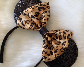 Gold Cheetah Bow,Animal Print Bow,Minnie Headband, Ear Headband,Leopard Bow.Adult Minnie Ears,Halloween Headband,Brown Black Bow