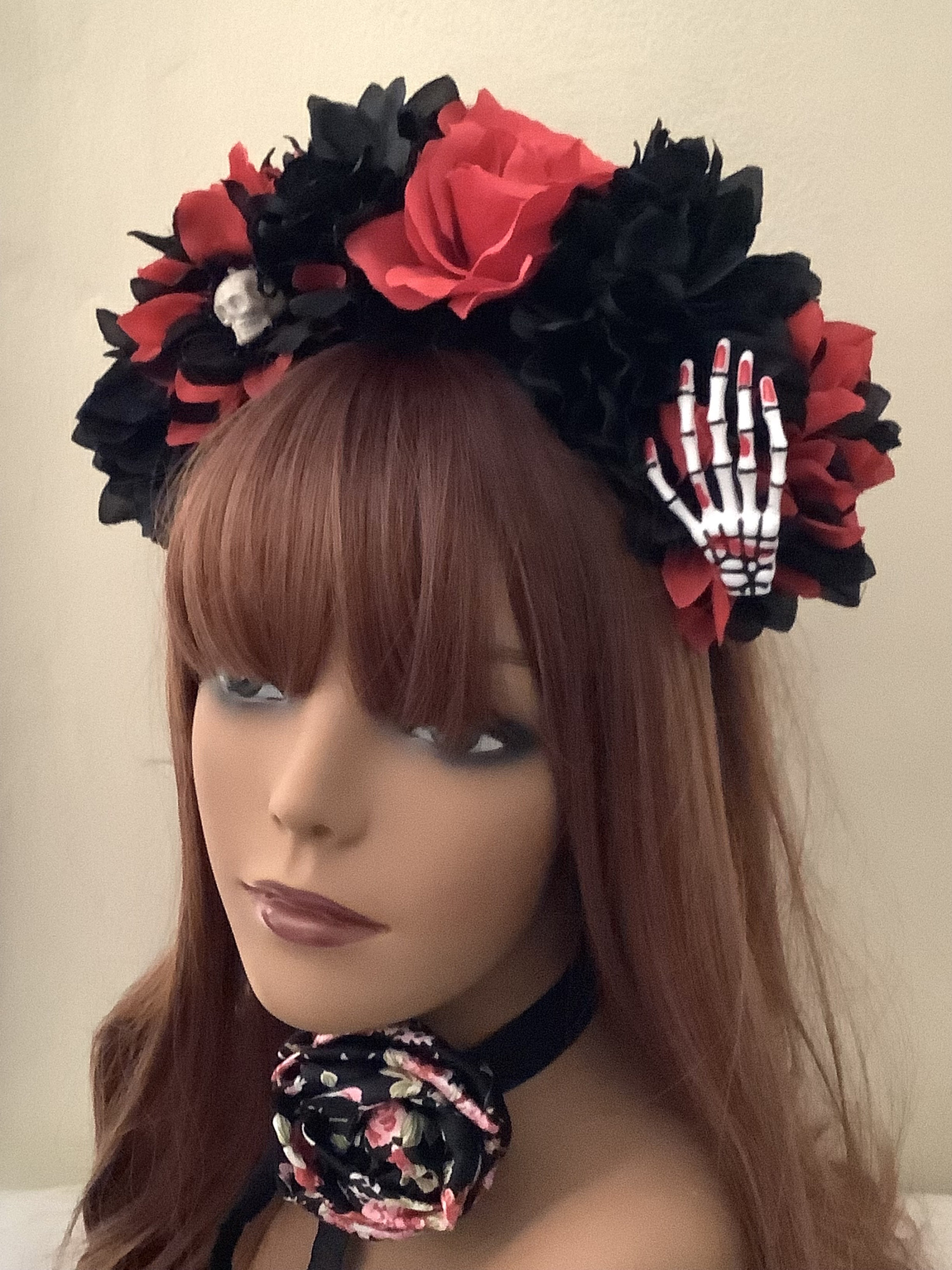 Elegant Red and Black Floral Skull Headband MOSTORY Handmade Black Mexican Flower Crown for Witch Gold  main image 4