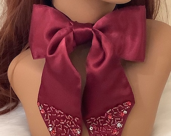 Wine Satin Bow Choker: Beaded Wedding Tie Necklace,Necktie Chokers.Chokers.
