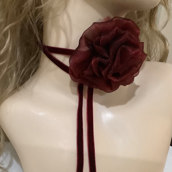 Burgundy  Organza Flower Choker, Neck Choker, Rose Choker Necklace, Velvet choker, Vintage Choker, Woman tie, Prom