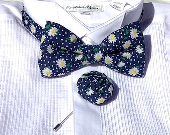Navy Fabric Bow Tie & Brooch Set: Wedding Tuxedo, Prom