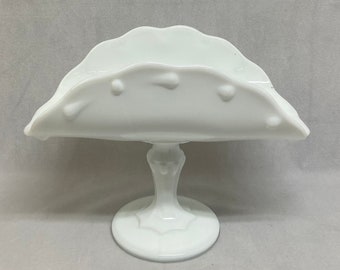 Vintage Indiana Glass Large Milk Glass Banana Boat Bowl on Pedestal, Teardrop Design