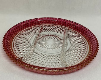 Vintage Ruby Flash Indiana Glass Diamond Point Divided Serving Plate, 13"