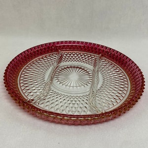 Vintage Ruby Flash Indiana Glass Diamond Point Divided Serving Plate, 13&quot;