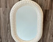 Vintage Extra Large White Oval Wicker Rattan Mirror