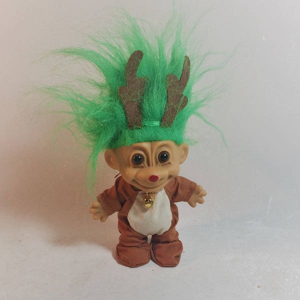 Vintage Russ Troll Doll, Rudolph Outfit, Green Hair