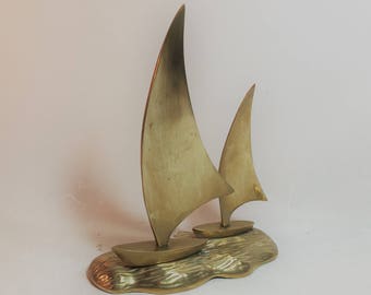 A Brass Vintage Sailboat Sculpture, 2 Sailboats On A Stand