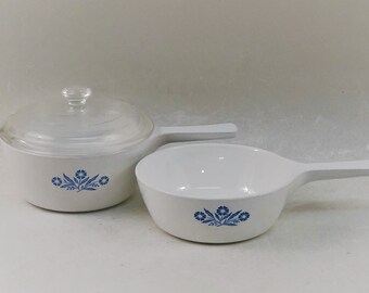 Vintage Corning Ware Cornflower 1 Pint Saucepan and 1-1/2 Pint Saucepan With One Lid