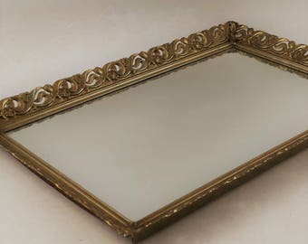 Large Vintage Gold Filigree Vanity Mirror Vanity Tray