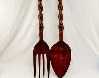 Extra Large Wood Carved Spoon and Fork 36" Long, Wood Wall Decor